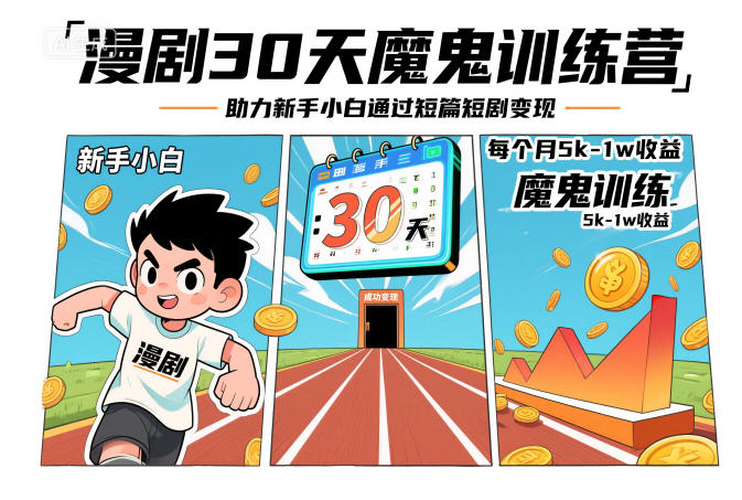 漫剧30天魔鬼训练营，助力新手小白通过短篇短剧变现，每个月5k-1w收益-hl998