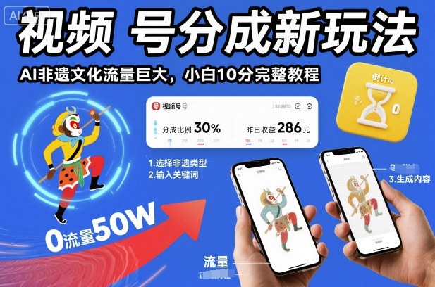 视频号分成新玩法，AI非遗文化流量巨大，小白10分钟搞定，完整教程-hl998