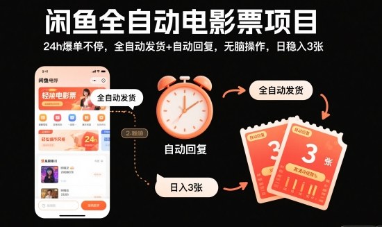 闲鱼全自动电影票项目，24h爆单不停，全自动发货+自动回复，无脑操作，日稳入3张【揭秘】-hl998