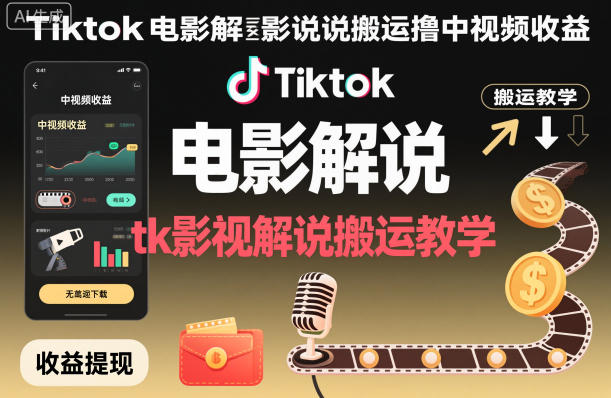 Tiktok电影解说搬运撸中视频收益，tk影视解说搬运教学-hl998