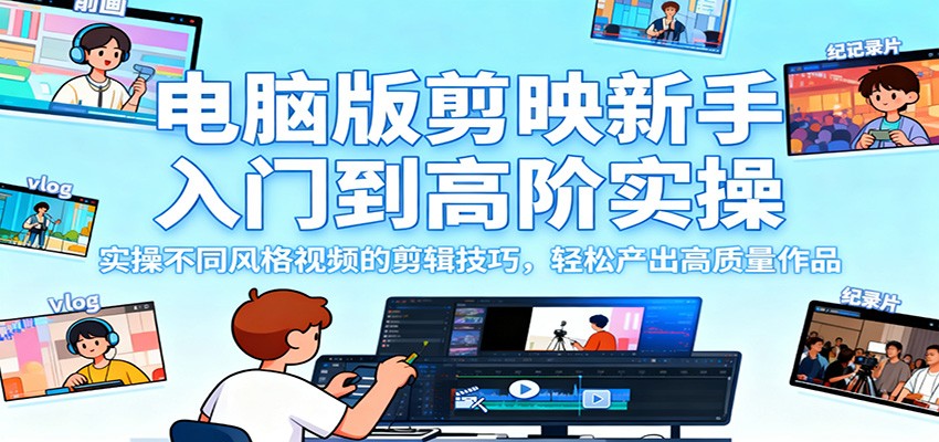 电脑版剪映新手入门到高阶实操，实操不同风格视频的剪辑技巧，轻松产出高质量作品-hl998