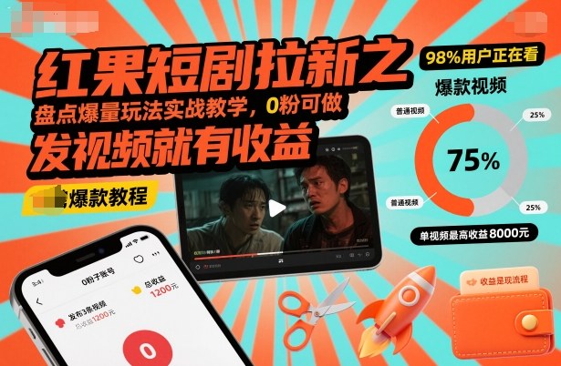 红果短剧拉新之盘点爆量玩法实战教学，0粉可做，发视频就有收益-hl998