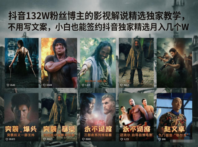 抖音132W粉丝博主的影视解说精选独家教学，不用写文案，小白也能签约抖音独家精选月入几个W-hl998