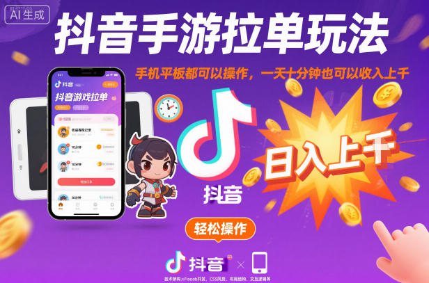 抖音手游拉单玩法，手机平板都可以操作，一天十分钟也可以收入上K【揭秘】-hl998