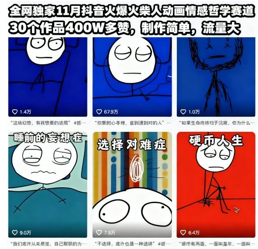 全网独家11月抖音火爆火柴人动画情感哲学赛道，30个作品400W多赞，制作简单，流量大【教学+素材】-hl998