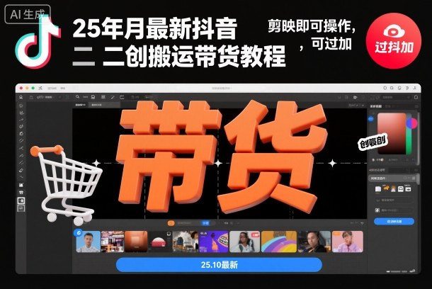 25年10月最新抖音二创搬运带货教程，剪映即可操作，可过抖加-hl998