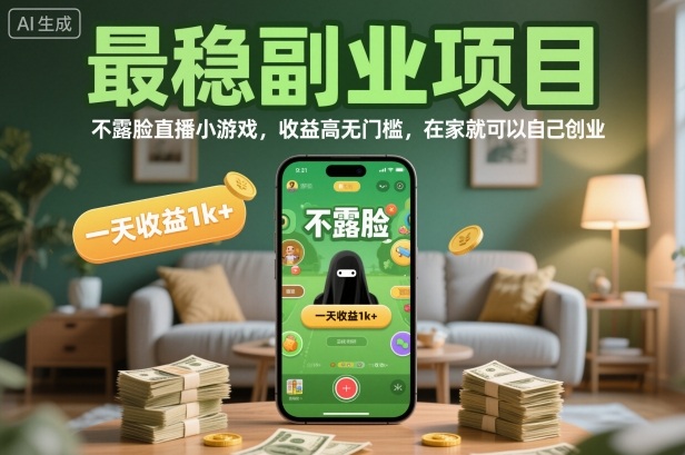 最稳副业项目，不露脸直播小游戏，收益高无门槛，一天收益1k+，在家就可以自己创业【揭秘】-hl998
