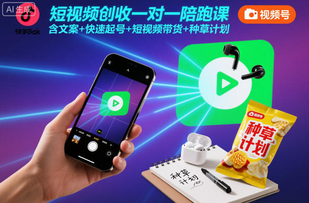 短视频创收一对一陪跑课，含文案+快速起号+短视频带货+种草计划-hl998