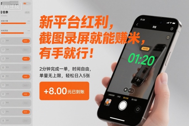 新平台红利，截图录屏就能賺米，有手就行！2分钟完成一单，时间自由，单量无上限，轻松日入5张【揭秘】-hl998
