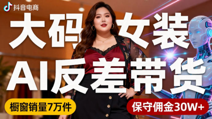 抖音小众赛道，大码女装AI反差带货，不用直播，每天6条作品，橱窗卖7万件，保守佣金30W+-hl998