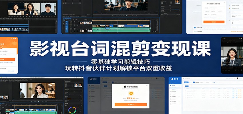 影视台词混剪变现课：零基础学习剪辑技巧，玩转抖音伙伴计划解锁平台双重收益-hl998