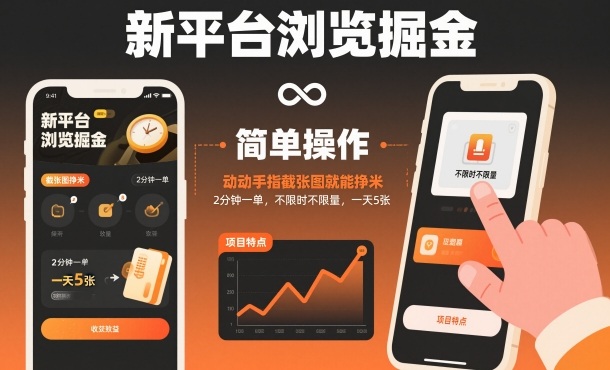 新平台浏览掘金，动动手指截张图就能挣米，2分钟一单，不限时不限量，一天5张【揭秘】-hl998