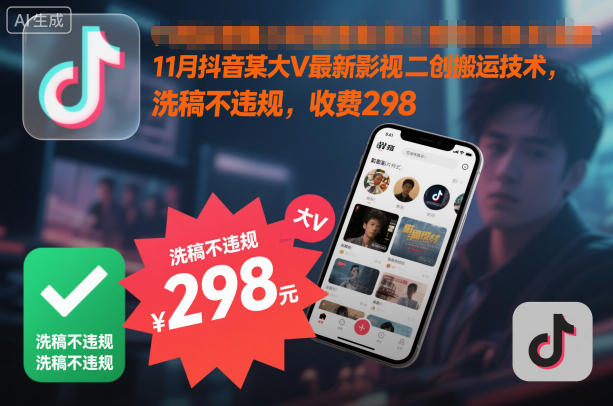 11月抖音某大V最新影视二创搬运技术，洗稿不违规，收费298-hl998