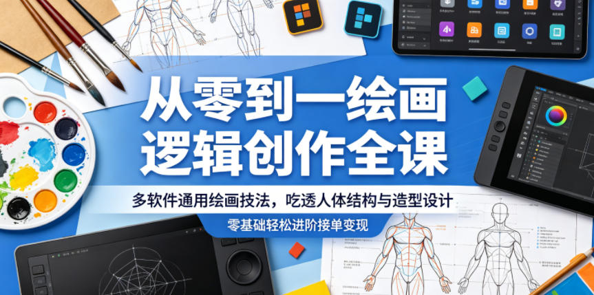 从零到一绘画逻辑创作全课，多软件通用绘画技法，吃透人体结构与造型设计，零基础轻松进阶接单变现-hl998