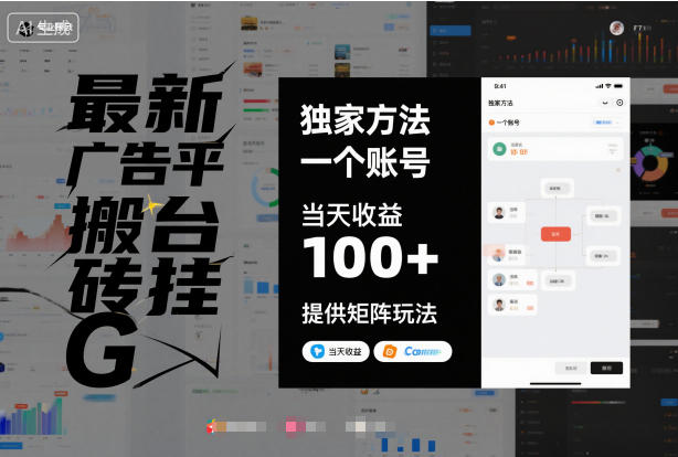 最新广告平台搬砖挂G，独家方法，一个账号，当天收益100+，提供矩阵玩法【揭秘】-hl998