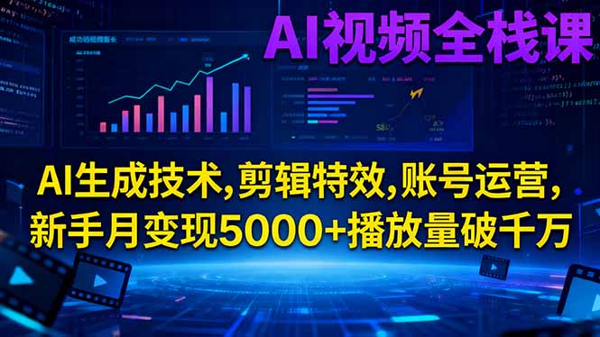 AI视频全栈课:AI生成技术,剪辑特效,账号运营,新手月变现5000+播放量破千万-hl998