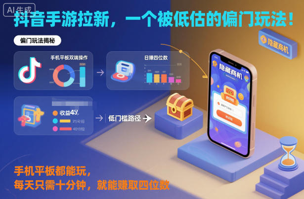 抖音手游拉新，一个被低估的偏门玩法！手机平板都能玩，每天只需十分钟，就能賺取四位数【揭秘】-hl998