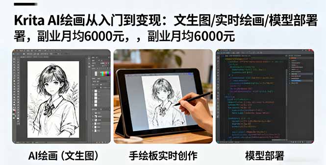 Krita AI绘画从入门到变现：文生图/实时绘画/模型部署，副业月均6000元-hl998