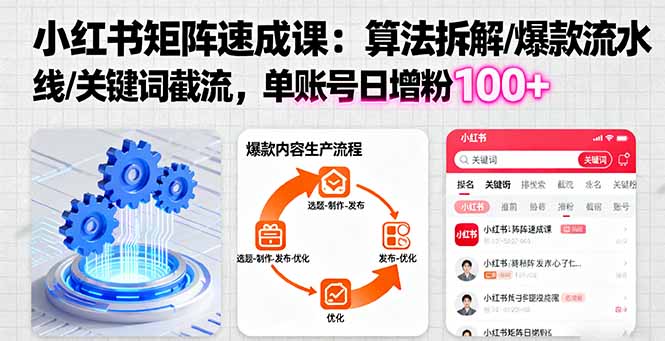 小红书矩阵起号速成课：算法拆解/爆款流水线/关键词截流 单账号日增粉100+-hl998