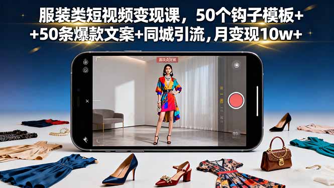 服装类短视频变现课，50个钩子模板+50条爆款文案+同城引流，月变现10w+-hl998