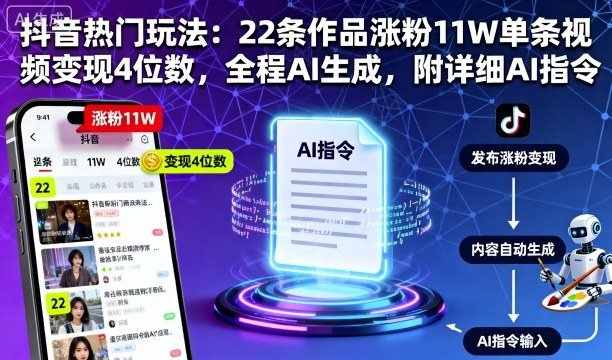抖音热门玩法：22条作品涨粉11W单条视频变现4位数，全程AI生成，附详细AI指令-hl998