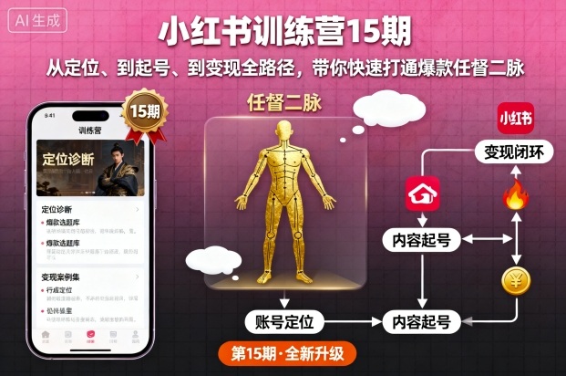 小红书训练营15期，从定位、到起号、到变现全路径，带你快速打通爆款任督二脉-hl998