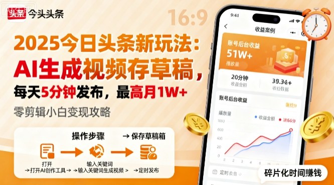 2025年今日头条躺賺新玩法，AI生成视频存草稿，每天5分钟发布，最高月1W+【揭秘】-hl998