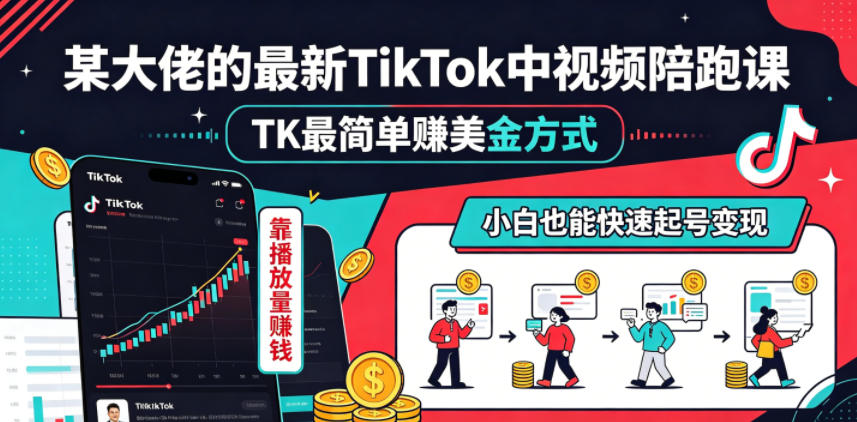 某大佬的最新TikTok中视频陪跑课，TK最简单賺美金方式，靠播放量賺钱，小白也能快速起号变现-hl998