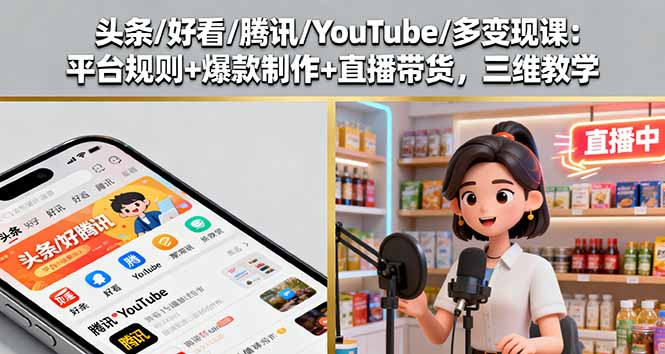 头条/好看/腾讯/YouTube/多变现课：平台规则+爆款制作+直播带货，三维教学-hl998