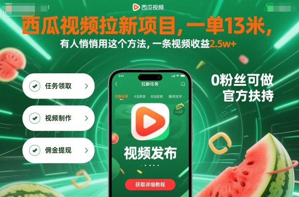 西瓜视频拉新项目，一单13米，有人悄悄用这个方法，一条视频收益2.5w+(附详细教程)-hl998