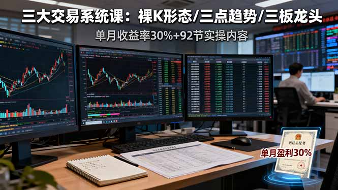 三大交易系统课：裸K形态/三点趋势/三板体系，单月收益率30%+92节实操内容-hl998