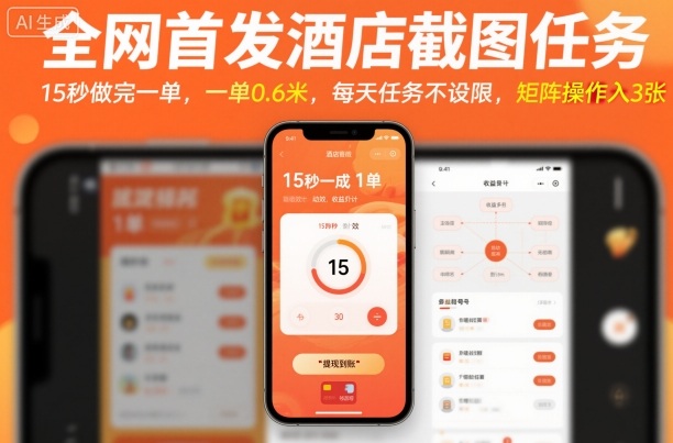 全网首发酒店截图任务，15秒做完一单，一单0.6米，每天任务不设限，矩阵操作日入3张【揭秘】-hl998