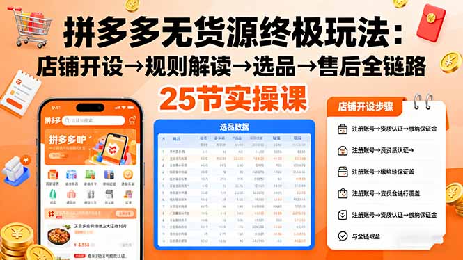 拼多多无货源终极玩法：店铺开设→规则解读→选品→售后全链路,25节实操课-hl998