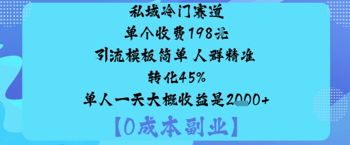 私域冷门赛道:单个收费198米引流模板简单人群精准转化45%单人一天大概收益是1k+-hl998
