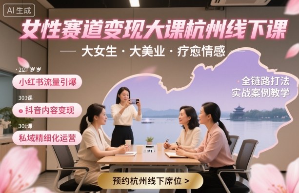 女性赛道变现大课杭州线下，大女生，大美业，疗愈情感，一套小红书、抖音、私域全链路打法-hl998