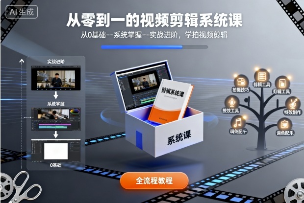 从零到一的视频剪辑系统课，从0基础--系统掌握--实战进阶，学拍视频剪辑-hl998
