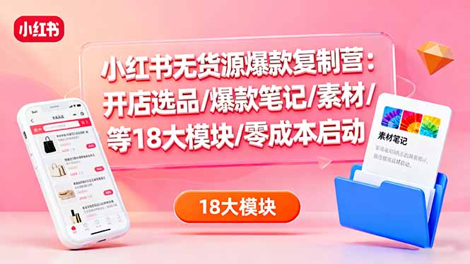 小红书无货源爆款复制营：开店选品/爆款笔记/素材/等18大模块/零成本启动-hl998
