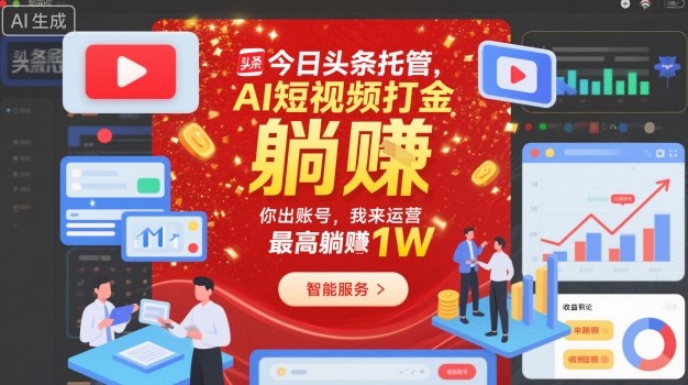 今日头条托管，AI短视频打金，你出账号，我来运营，最高躺賺1W【揭秘】-hl998