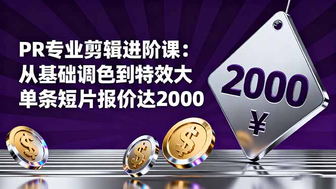 PR专业剪辑进阶课：从基础调色到特效大片的进阶技能，单条短片报价达2000-hl998