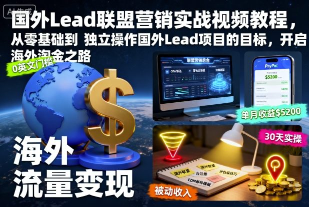 国外Lead联盟营销实战视频教程，从零基础到独立操作国外Lead项目的目标，开启海外淘金之路-hl998