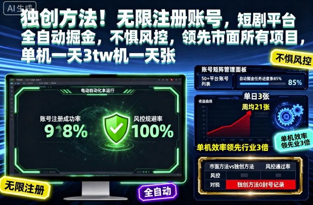 独创方法！无限注册账号，短剧平台全自动掘金，不惧风控，领先市面所有项目，单机一天3张【揭秘】-hl998