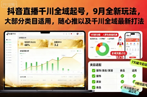 抖音直播千川全域起号，9月全新玩法，大部分类目适用，随心推以及千川全域最新打法-hl998