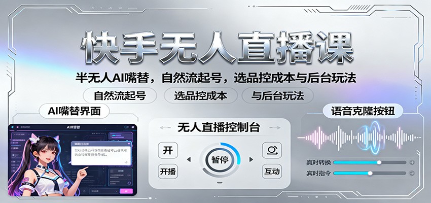 快手无人直播课：半无人AI嘴替，自然流起号，选品控成本与后台玩法-hl998