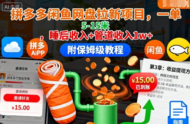 拼多多闲鱼网盘拉新项目，一单5-15米，睡后收入+管道收入1w+(附保姆级教程)-hl998