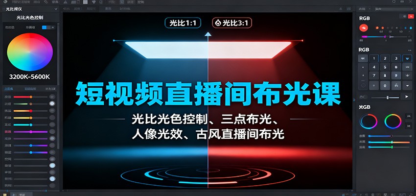 短视频直播间布光课：光比光色控制、三点布光、人像光效、古风直播间布光-hl998