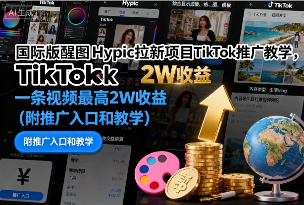 国际版醒图Hypic拉新项目TikTok推广教学，一条视频最高2W收益(附推广入口和教学)-hl998