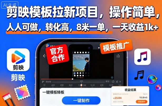 剪映模板拉新项目，操作简单，人人可做，转化高，8米一单，一天收益1k+-hl998