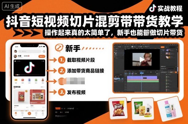 抖音短视频切片混剪带货教学，操作起来真的太简单了，新手也能做切片带货-hl998