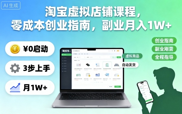 淘宝虚拟店铺课程，零成本创业指南，副业月入1W+-hl998