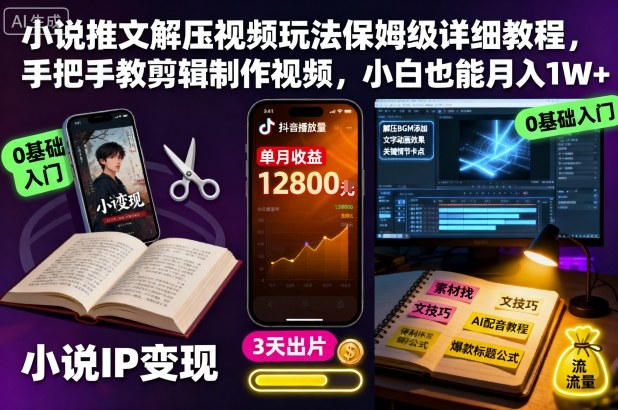 小说推文解压视频玩法保姆级详细教程，手把手教剪辑制作视频，小白也能月入1W+-hl998